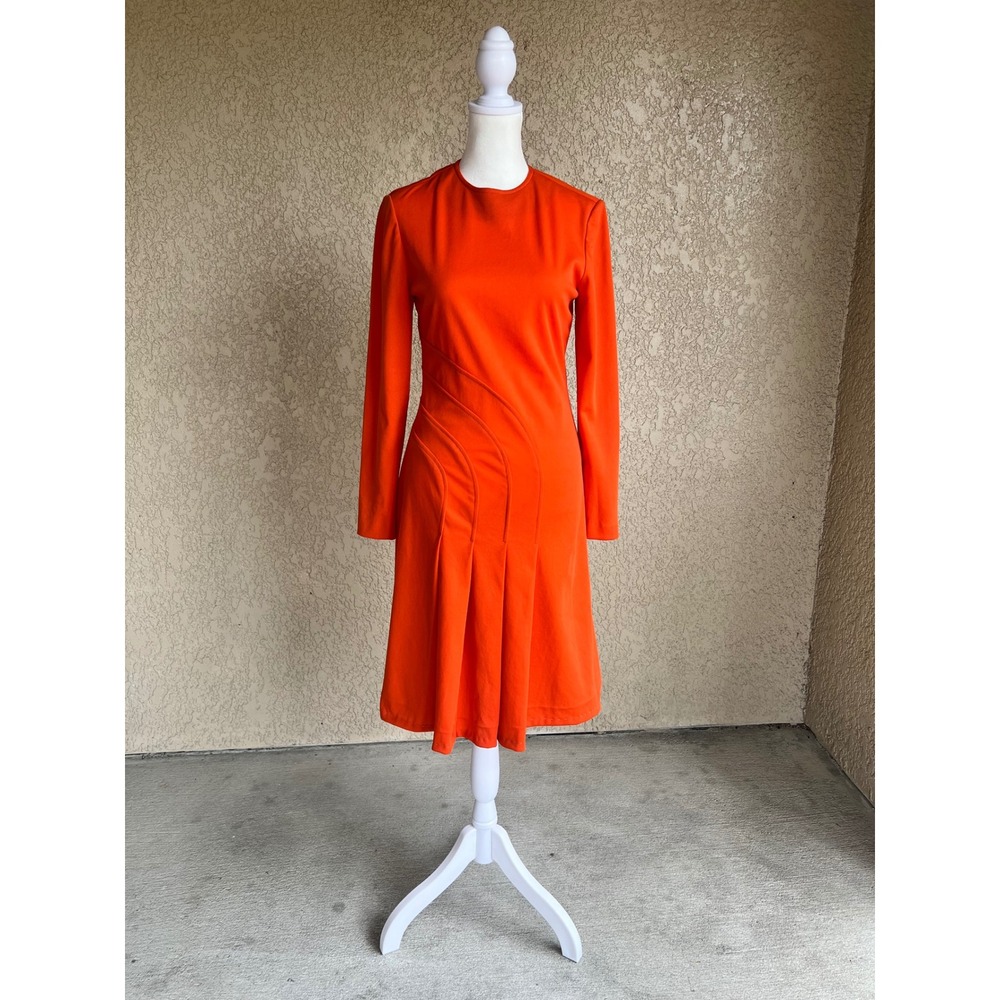 Vintage 70s The Kollection Ltd Orange Polyester Pleated Mod Long Sleeve Dress